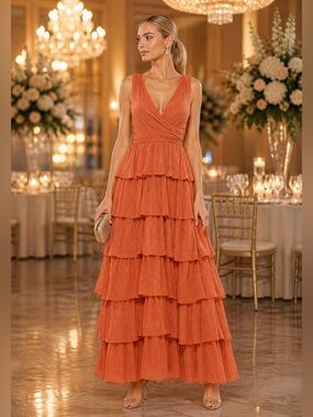 MAC DUGGAL Swiss Dot Ruffle Tiered Maxi Dress Size 12